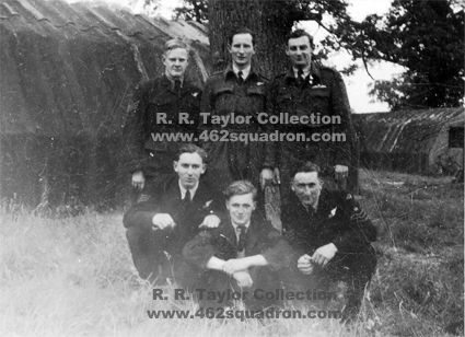 The Crew at 27 OTU Church Broughton, August 1944 - front: M.J.Hibberd, J.M.Tait, R.R.Taylor; back: N.V.Evans, M.Frank and A.D.J.Ball, all later in 462 Squadron.
